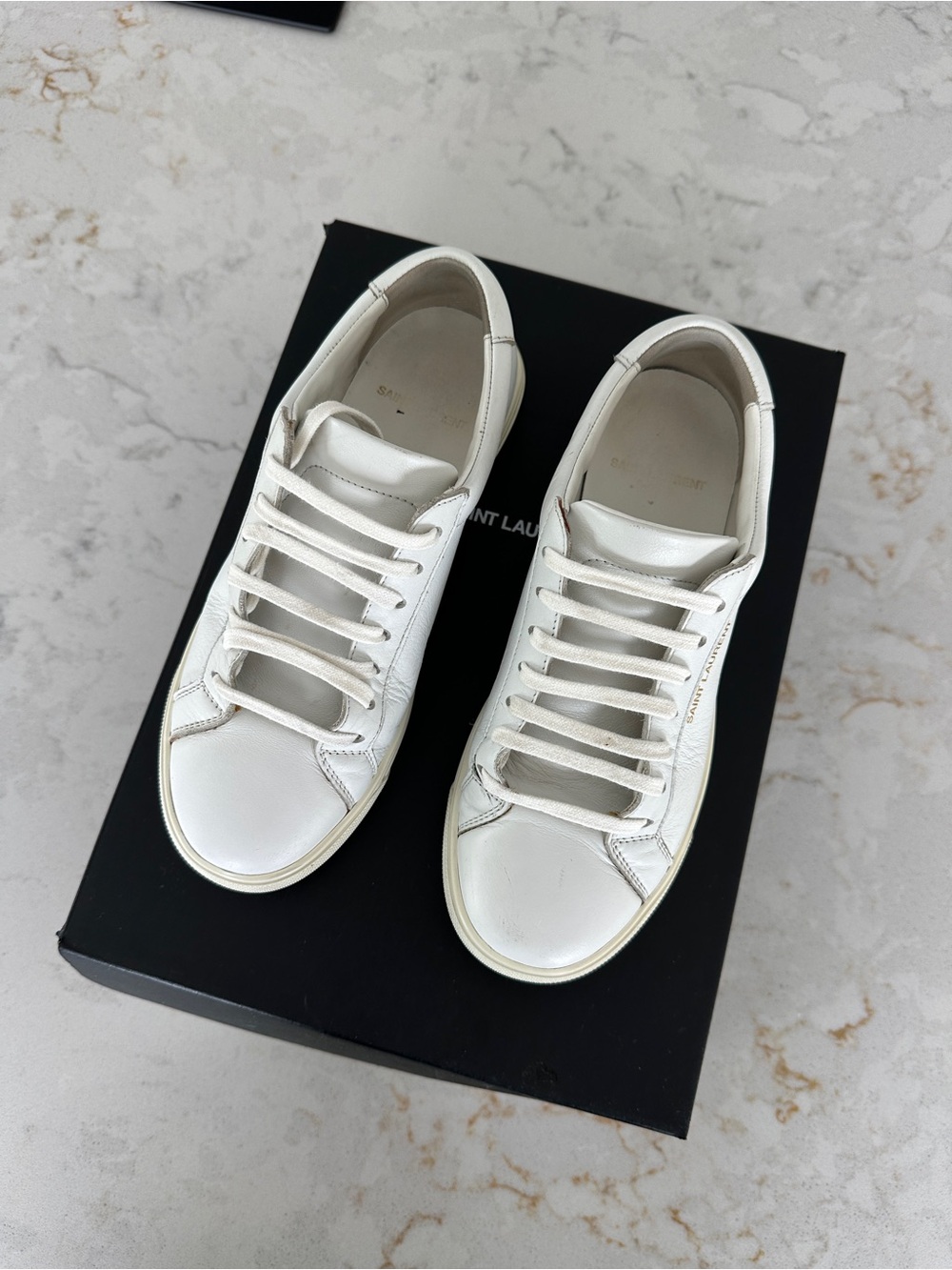 Saint Laurent White Leather Low-Top Sneakers with Gold Logo - Picture 2 of 6
